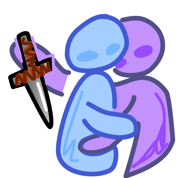 A blue and purple figure stand close together in a hug, but the purple figure holds an arm up behind the blue figures back with a dagger in its hand. The image has dark line art, and the purple figure has a sharper body than the blue figure.